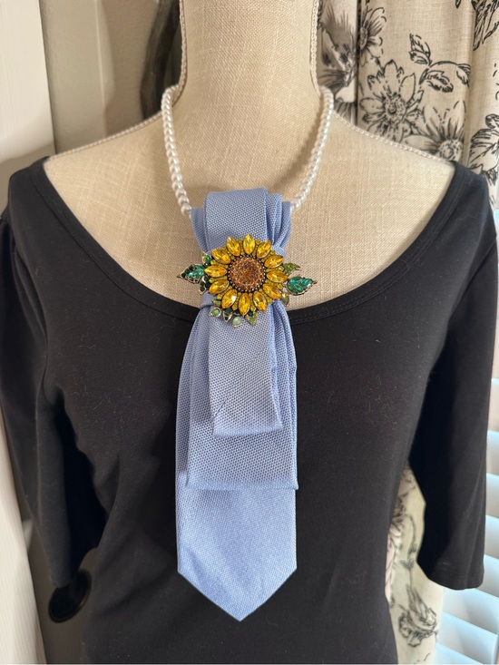 Handmade Jewelry - Statement Tie Necklace featuring a Sunflower Crystal Brooch
